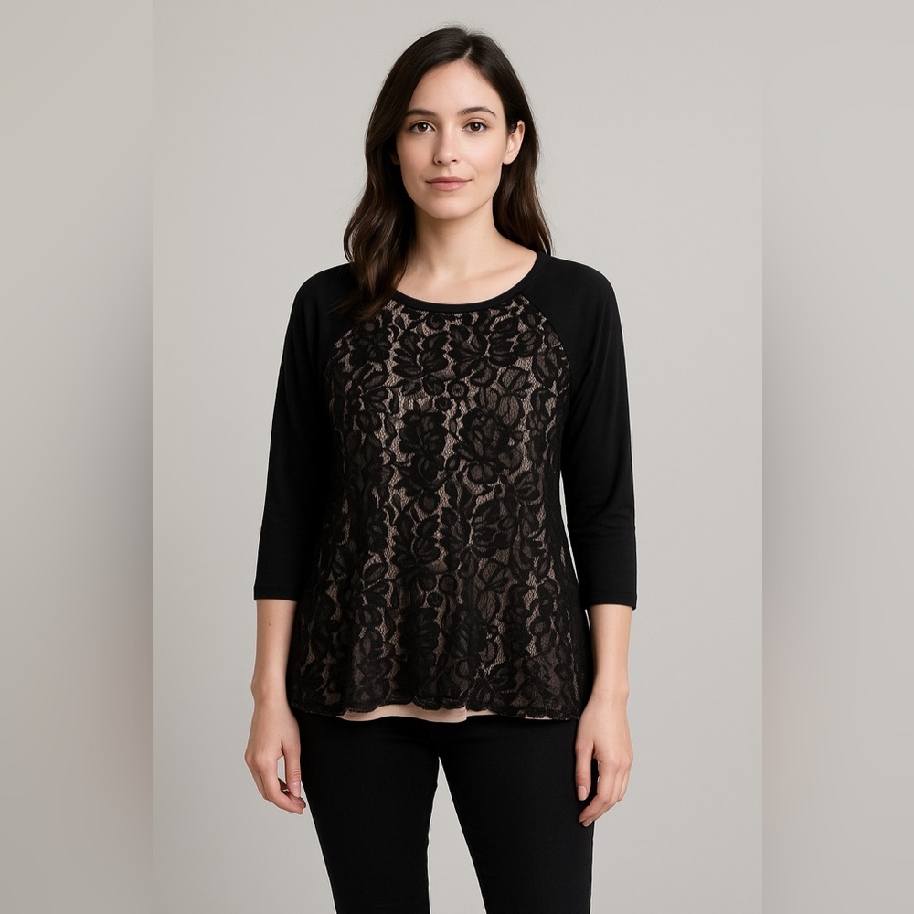 AB Studio Lace Front 3/4 Quarter Sleeve Black Shirt Blouse Small